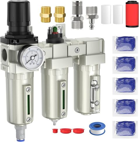 1/2" NPT Air Compressor Water Separator, Industrial Grade 3 Stage Air Drying System with 0-240 PSI Air Regulator, Particulate Filter, Coalescing Filter, Desiccant Dryer, Metal Bowl, Auto Drain in Saudi Arabia