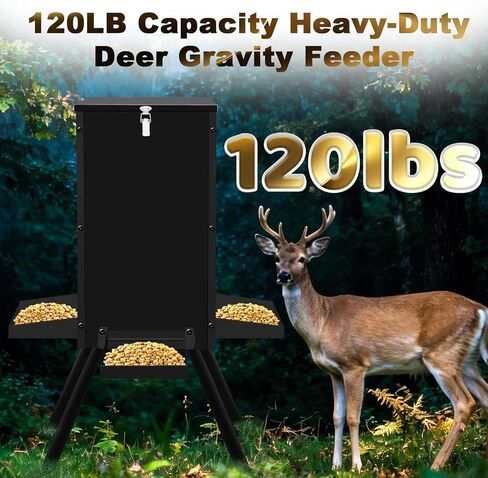 120LB Gravity Deer Feeder, Thickened Steel Gravity Automatic Hunting Game Feeders with Triangular Legs, Battery-Free Hanging Deer Feeder for Remote Wildlife Hunting Zones in Saudi Arabia