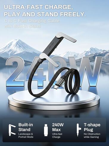 240W USB C to USB C Ultra Fast Charging Cable with Invisible Stand Flat Phone Charger 90 Degree Right Angle Plug T Shaped Foldable Stand Multi Functional Cord Black 4.9 Ft in Saudi Arabia