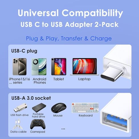 USB C to USB Adapter (2 Pack), USB 3.0 to Type C OTG Adapter, 5Gbps High-Speed Data Transfer, Compatible with MacBook Pro/Air, Thunderbolt 3/4, iPhone 17/16/15, iPad, Samsung Galaxy and More, White in Saudi Arabia
