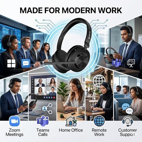 سماعة الرأس اللاسلكية مع الميكروفون ، سماعات الرأس اللاسلكية Bluetooth مع الميكروفون (زر إلغاء الضوضاء وكتم الصوت) للعمل من المنزل/مركز الاتصال/التكبير/التكبير/المحمول/الكمبيوتر المحمول/الكمبيوتر ، مع قاعدة الشحن in Kuwait