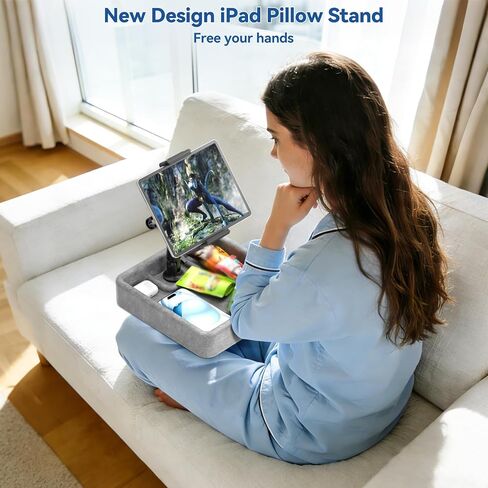 KDD Tablet Pillow Stand - Multi-Angle Adjustable iPad Holder for Lap, Bed and Desk - Foldable Kindle Soft Pad Dock with Storage Tray Compatible with iPad Pro 12.9, Air Mini, Phone, E-Reader in Saudi Arabia