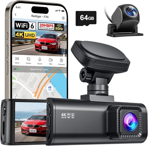 كاميرا REDTIGER F7N Dash Cam 4K أمامية وخلفية 1080P، 5.8 جيجا هرتز WiFi-20 ميجابايت/ثانية، نقل سريع، كاميرا عدادات السيارة 2160P/FHD مع بطاقة 64 جيجابايت، التحكم الذكي في التطبيقات، نظام تحديد المواقع الدقيق، رؤية ليلية، وضع انتظار السيارات على مدار 24 سا in Saudi Arabia