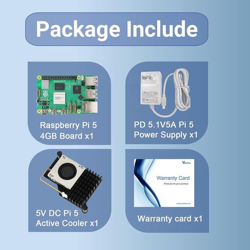 مجموعة المبتدئين Vemico Raspberry Pi 5 4GB مع لوحة فردية Pi 5 4GB، مبرد نشط ومصدر طاقة 27W GaN 5.1V 5A Type-C، مثالي لمشاريع الذكاء الاصطناعي/OpenClaw/IoT in Saudi Arabia