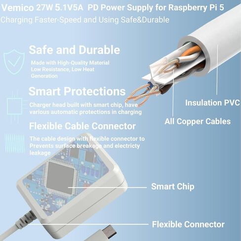 مجموعة المبتدئين Vemico Raspberry Pi 5 4GB مع لوحة فردية Pi 5 4GB، مبرد نشط ومصدر طاقة 27W GaN 5.1V 5A Type-C، مثالي لمشاريع الذكاء الاصطناعي/OpenClaw/IoT in Saudi Arabia