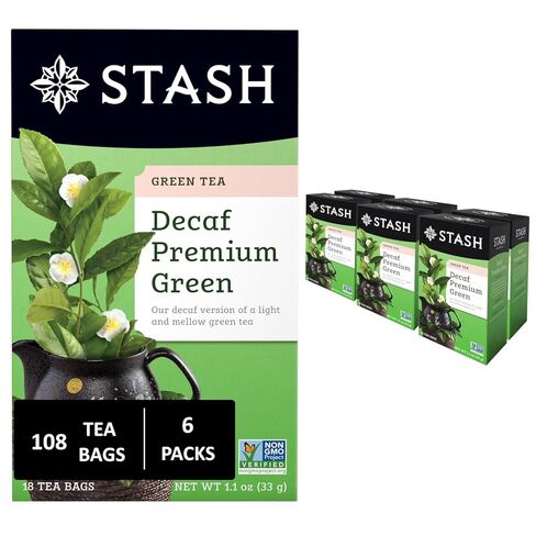 Stash Tea Decaf الشاي الأخضر الفاخر - منزوع الكافيين، شاي ممتاز معتمد كمشروع غير معدل وراثيًا بدون مكونات صناعية، 18 قطعة (عبوة من 6) - إجمالي 108 كيس in Kuwait