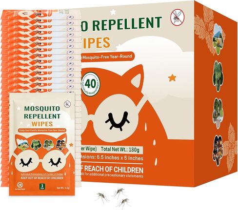 40 PCS Mosquito Repellent Wipes, Individually Wrapped Insect Repellent Wipes Made of Natural Plant-Based Essential Oils, Safe & Effective Insect Protection Perfect for Outdoor Activities, Long-Lasting in Saudi Arabia