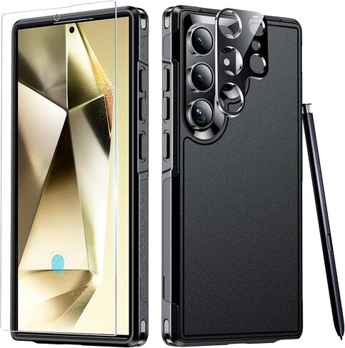 جراب SPIDERCASE مصمم لهاتف Samsung Galaxy S24 Ultra، [حماية من السقوط بدرجة عسكرية 10 أقدام]، عبوتان [واقي شاشة من الزجاج المقسى + واقي عدسة الكاميرا] جراب شديد التحمل مقاوم للصدمات، أسود in Kuwait