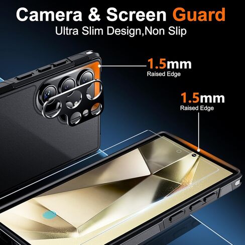 جراب SPIDERCASE مصمم لهاتف Samsung Galaxy S24 Ultra، [حماية من السقوط بدرجة عسكرية 10 أقدام]، عبوتان [واقي شاشة من الزجاج المقسى + واقي عدسة الكاميرا] جراب شديد التحمل مقاوم للصدمات، أسود in Kuwait