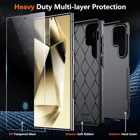 جراب SPIDERCASE مصمم لهاتف Samsung Galaxy S24 Ultra، [حماية من السقوط بدرجة عسكرية 10 أقدام]، عبوتان [واقي شاشة من الزجاج المقسى + واقي عدسة الكاميرا] جراب شديد التحمل مقاوم للصدمات، أسود in Kuwait