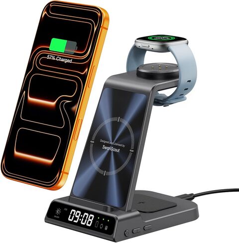 Fitbit Charger Stand for Fitbit Versa 4/3/Sense 2/1/Ace LTE, 3 in 1 Wireless Charging Station for iPhone Air/17/16/15/14, for Samsung S25/S24/S23, Wireless Charger for Earbuds, SwanScout C01FB in Saudi Arabia