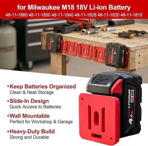 حامل بطارية SWER 12 حزمة M18، متوافق مع Milwaukee M18، حامل أدوات تخزين البطارية على الحائط، أحمر in Kuwait