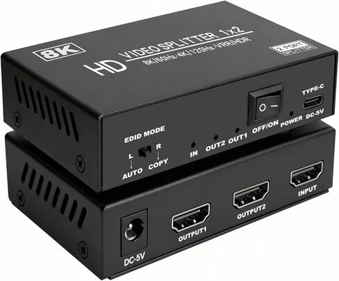 8K hdmi Splitter 1 in 4 Out، 1x4 hdmi 2.1 Splitter 8K @ 60 هرتز 4K @ 120 هرتز، 48 جيجابت في الثانية، EDID، قشارة أسفل تلقائية، HDCP 2.3، VRR، HDR10+، ثلاثية الأبعاد، فقط شاشات النسخ/المرآة (غير ممتدة) لأجهزة PS5، وXbox، وHDTV، والكمبيوتر المحمول. in Kuwait