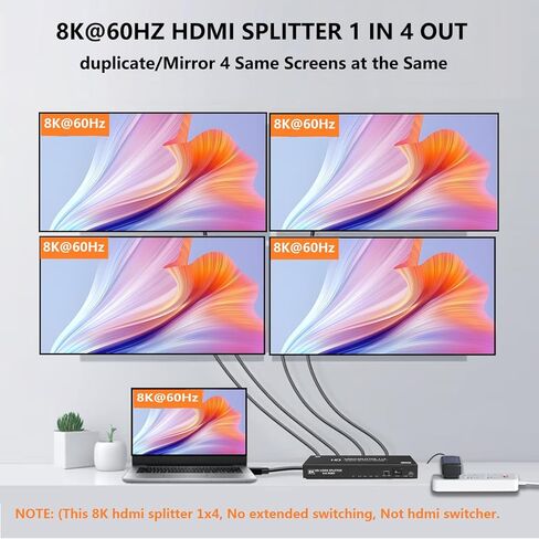 8K hdmi Splitter 1 in 4 Out, 1x4 hdmi 2.1 Splitter 8K@60Hz 4K@120Hz,48 Gbps,EDID,Auto Down Scaler,HDCP 2.3,VRR,HDR10+,3D,Only Duplication/Mirror Screens (Not Extend) for PS5, Xbox, HDTV, Laptop. in Saudi Arabia