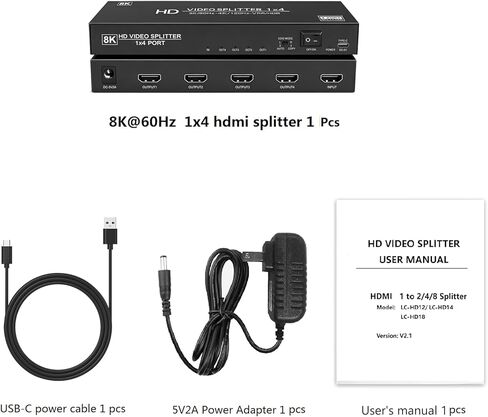 8K hdmi Splitter 1 in 4 Out, 1x4 hdmi 2.1 Splitter 8K@60Hz 4K@120Hz,48 Gbps,EDID,Auto Down Scaler,HDCP 2.3,VRR,HDR10+,3D,Only Duplication/Mirror Screens (Not Extend) for PS5, Xbox, HDTV, Laptop. in Saudi Arabia