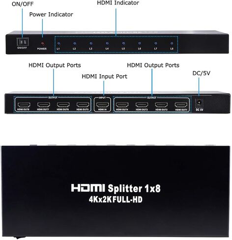 1x8 HDMI Splitter، 1 in 8 Out HDMI Splitter Audio Video Distribution Box يدعم Full HD 3D و4K x 2K متوافق مع أجهزة العرض، HDTV، STB، DVD، PS3 إلخ in Kuwait