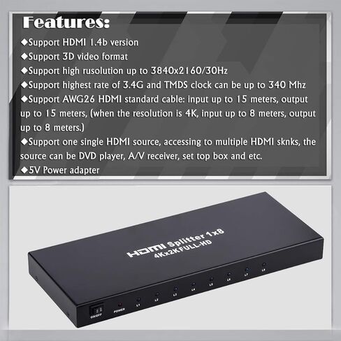 1x8 HDMI Splitter، 1 in 8 Out HDMI Splitter Audio Video Distribution Box يدعم Full HD 3D و4K x 2K متوافق مع أجهزة العرض، HDTV، STB، DVD، PS3 إلخ in Kuwait