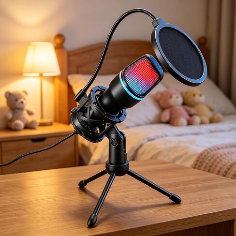 USB PC Condenser Microphone - RGB Light for Podcast Video Streaming, Tripod Spray Hood Shock Absorber, Compatible with PS4/5/PC in Saudi Arabia