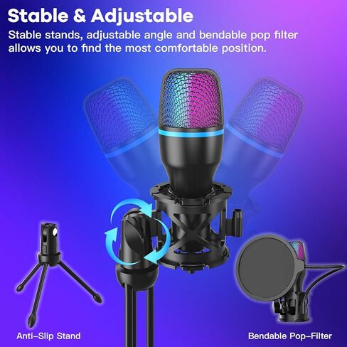 USB PC Condenser Microphone - RGB Light for Podcast Video Streaming, Tripod Spray Hood Shock Absorber, Compatible with PS4/5/PC in Saudi Arabia
