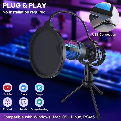 USB PC Condenser Microphone - RGB Light for Podcast Video Streaming, Tripod Spray Hood Shock Absorber, Compatible with PS4/5/PC in Saudi Arabia