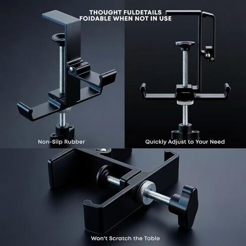 JAKO Headphone Stand for Desk, 3 Hooks Aluminum Alloy Headphone Holder (1 Foldable+2 Fixed) Space Saving Headset Stand Hook, Universal Fit PC Gaming Headsets Holder Desk Clamp for Office/Game Table in Saudi Arabia