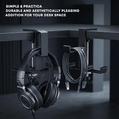 JAKO Headphone Stand for Desk, 3 Hooks Aluminum Alloy Headphone Holder (1 Foldable+2 Fixed) Space Saving Headset Stand Hook, Universal Fit PC Gaming Headsets Holder Desk Clamp for Office/Game Table in Saudi Arabia