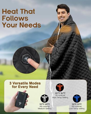 12V Battery Operated Wearable Heated Blanket for Office,Camping,Stadium with Storage Bag,3-Level Temperature Up to 167°F,15000mAh Battery Included (Black) in Saudi Arabia