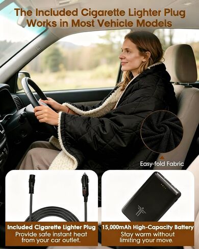 12V Battery Operated Wearable Heated Blanket for Office,Camping,Stadium with Storage Bag,3-Level Temperature Up to 167°F,15000mAh Battery Included (Black) in Saudi Arabia