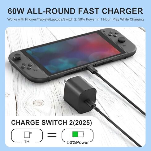 Replacement for Switch 2 Charger - 60w AC Power Adapter for Nintendo 2/1, 4.9FT/1.5M UBC Cable, Support 4K TV Dock, PD3.0 Fast Charging Supply 20V/3A for Nintendo Switch Batteries in Saudi Arabia