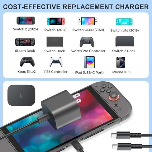 Replacement for Switch 2 Charger - 60w AC Power Adapter for Nintendo 2/1, 4.9FT/1.5M UBC Cable, Support 4K TV Dock, PD3.0 Fast Charging Supply 20V/3A for Nintendo Switch Batteries in Saudi Arabia
