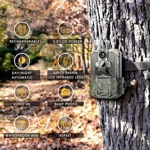 WOSPORTS Rechargeable Trail Camera 2Pack 56MP 4K Game Cam with 6000mAh Lithium Battery 0.2s Trigger Night Vision Motion Activated 120° Wide Lens 2.0" LCD Wildlife Camera Outdoor Scouting in Saudi Arabia