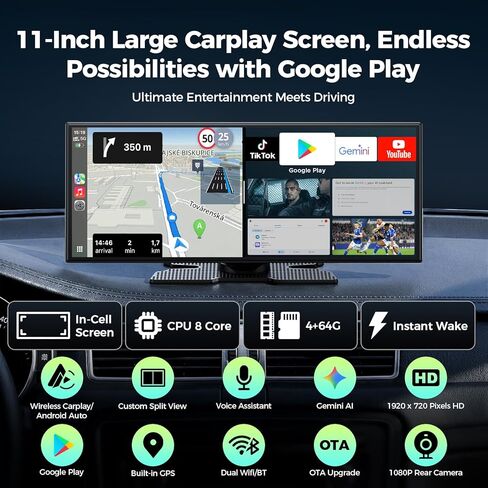 شاشة LAMTTO 11 بوصة AI CarPlay مع تطبيقات تنزيل Google-Play وGemini، سلسة 8 النواة، تشغيل السيارة اللاسلكية Android Auto، شاشة حية 60FPS 1920x720، كاميرا احتياطية 1080P / DVR للترفيه على الطريق in Kuwait