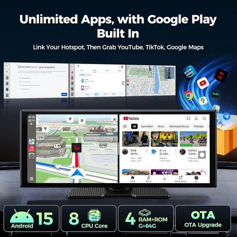 شاشة LAMTTO 11 بوصة AI CarPlay مع تطبيقات تنزيل Google-Play وGemini، سلسة 8 النواة، تشغيل السيارة اللاسلكية Android Auto، شاشة حية 60FPS 1920x720، كاميرا احتياطية 1080P / DVR للترفيه على الطريق in Kuwait