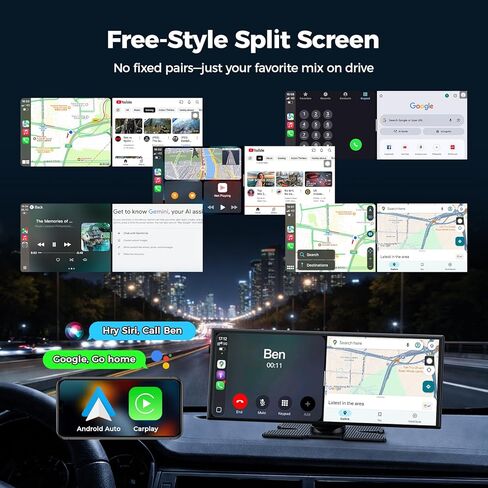 شاشة LAMTTO 11 بوصة AI CarPlay مع تطبيقات تنزيل Google-Play وGemini، سلسة 8 النواة، تشغيل السيارة اللاسلكية Android Auto، شاشة حية 60FPS 1920x720، كاميرا احتياطية 1080P / DVR للترفيه على الطريق in Kuwait