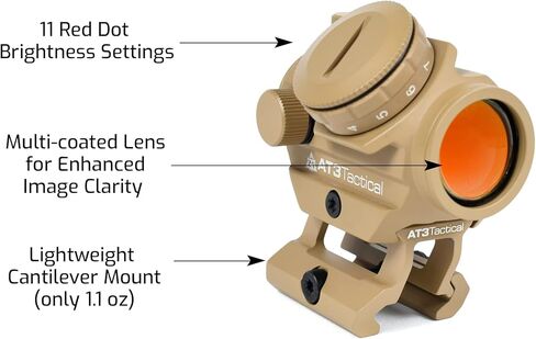 AT3 التكتيكي RD-50 PRO FDE Red Dot Sight - مع حامل صاعد للشهادة مع مشاهد حديدية - 2 MOA نطاق نقطة حمراء مدمجة (Med .83 "Riser (الشهادة المطلقة)) in Kuwait