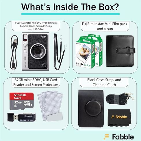 Fujifilm Instax Mini Evo Hybrid Instant Camera (Black) Bundle with 20-Exposure Film, 32GB microSD Card, Protective Case, Photo Album, Screen Protectors, USB Card Reader in Saudi Arabia