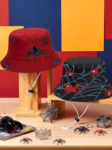 Skicuff 2 حزمة قبعات دلو العنكبوت Spiderweb قبعات الشمس Packable الصيف الشاطئ قبعة الصيد مع حافة واسعة لموضوع العنكبوت لوازم الحفلات هدايا عيد ميلاد الكرتون الأنشطة الخارجية حماية من الشمس in Saudi Arabia