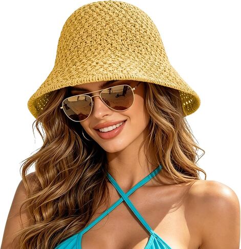 Sun Hat for Women Beach Hat Straw Bucket Hat Summer UV Protection, Packable Breathable Crochet Style in Saudi Arabia