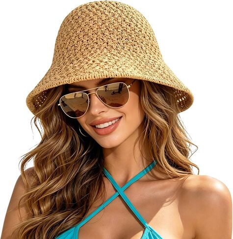 Sun Hat for Women Beach Hat Straw Bucket Hat Summer UV Protection, Packable Breathable Crochet Style in Saudi Arabia