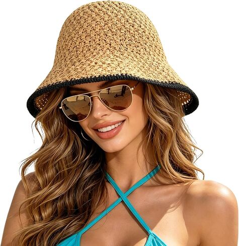 Sun Hat for Women Beach Hat Straw Bucket Hat Summer UV Protection, Packable Breathable Crochet Style in Saudi Arabia