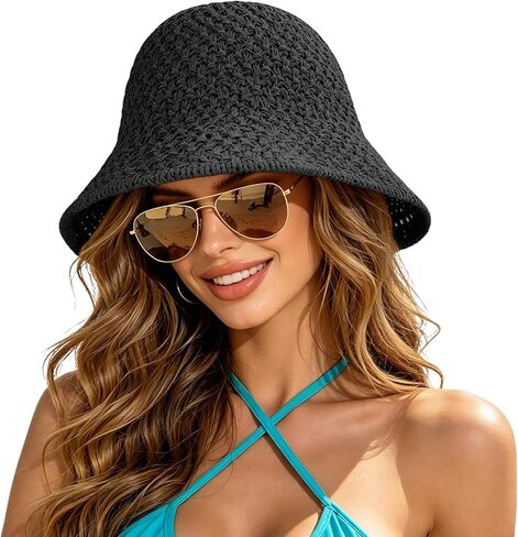 Sun Hat for Women Beach Hat Straw Bucket Hat Summer UV Protection, Packable Breathable Crochet Style in Saudi Arabia