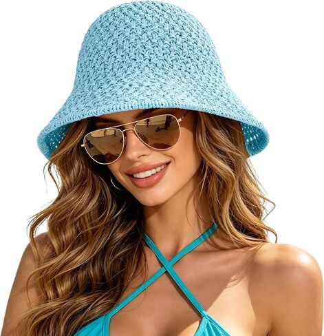 Sun Hat for Women Beach Hat Straw Bucket Hat Summer UV Protection, Packable Breathable Crochet Style in Saudi Arabia