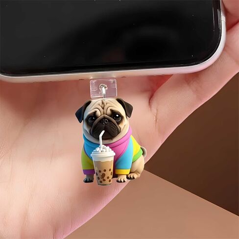 Pug Dog Drinking Dust Plug Acrylic Charms for electronic products,Type-C Charging Port Dust Plugs Pendant Compatible with E-Reader Phone Tablet, Gift for Christmas, Birthday, Anniversary Day in Saudi Arabia