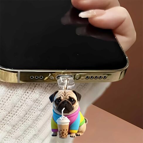 Pug Dog Drinking Dust Plug Acrylic Charms for electronic products,Type-C Charging Port Dust Plugs Pendant Compatible with E-Reader Phone Tablet, Gift for Christmas, Birthday, Anniversary Day in Saudi Arabia