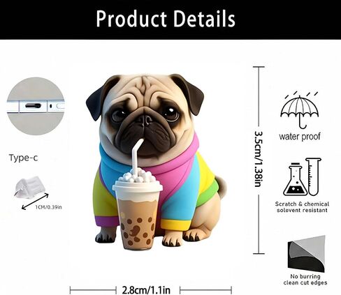 Pug Dog Drinking Dust Plug Acrylic Charms for electronic products,Type-C Charging Port Dust Plugs Pendant Compatible with E-Reader Phone Tablet, Gift for Christmas, Birthday, Anniversary Day in Saudi Arabia