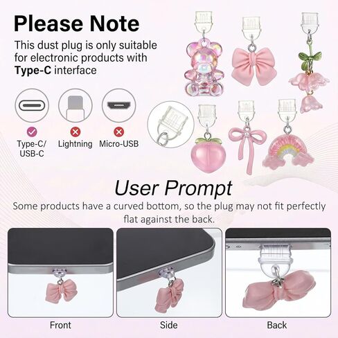 6 Pcs Dust Plug Charm Type C Pink Bow Flower Bear Design Charging Port Charm Phone Anti Dust Plug Charm USB C Port Protector Decorating Accessories for Type-C Devices Book Gift Women Men in Saudi Arabia