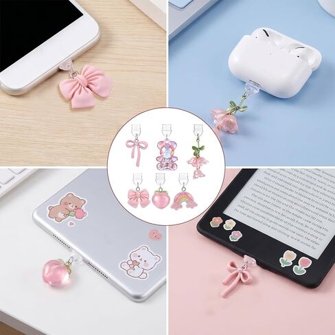 6 Pcs Dust Plug Charm Type C Pink Bow Flower Bear Design Charging Port Charm Phone Anti Dust Plug Charm USB C Port Protector Decorating Accessories for Type-C Devices Book Gift Women Men in Saudi Arabia
