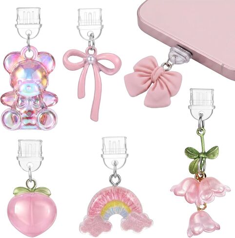 6 Pcs Dust Plug Charm Type C Pink Bow Flower Bear Design Charging Port Charm Phone Anti Dust Plug Charm USB C Port Protector Decorating Accessories for Type-C Devices Book Gift Women Men in Saudi Arabia