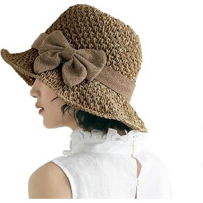 PURFUN Women Vintage Bowknot Straw Hats Flower Shape Cloche Hat Anti-UV Floppy Sun Hats Bucket Hat Roll Up Travel Beach Caps in Kuwait