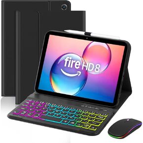 حافظة EAMPANG مع لوحة مفاتيح وماوس لجهاز Amazon Kindle Fire HD 8&8 Plus (2020&2022) 8 بوصة، 7 ألوان قوس قزح بإضاءة خلفية قابلة للفصل للوحة المفاتيح لجهاز HD 8 الجيل العاشر/الثاني عشر - أسود in Kuwait
